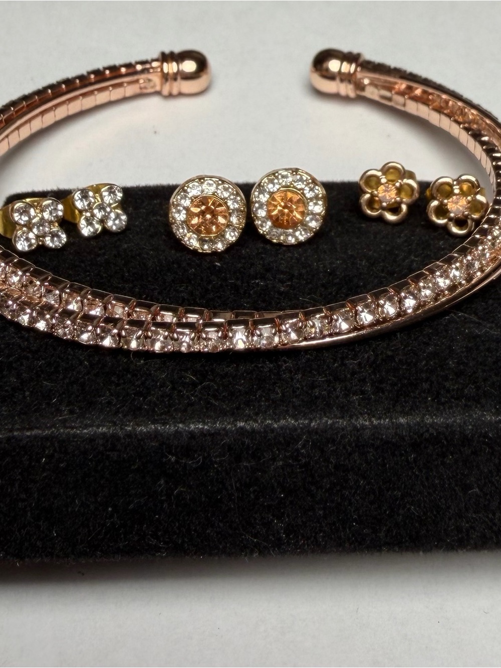 Rose Gold Rhinestone Cuff Bracelet + 3 Pair Stud Earrings Set Sparkly Gift
